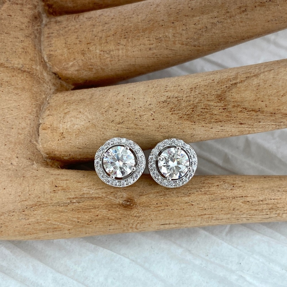 925 Sterling Silver .5CT 5mm‎ Round Moissanite Halo Stud Earrings 1 CT TW